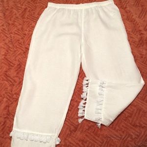 Cynthia Rowley white linen pants w/ fringe detail.